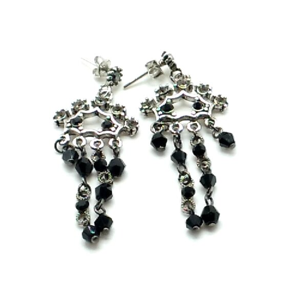 Vintage Style Black Chandelier Faceted Bead Rhinestone Silver Tone Dangle Post - Picture 6 of 7